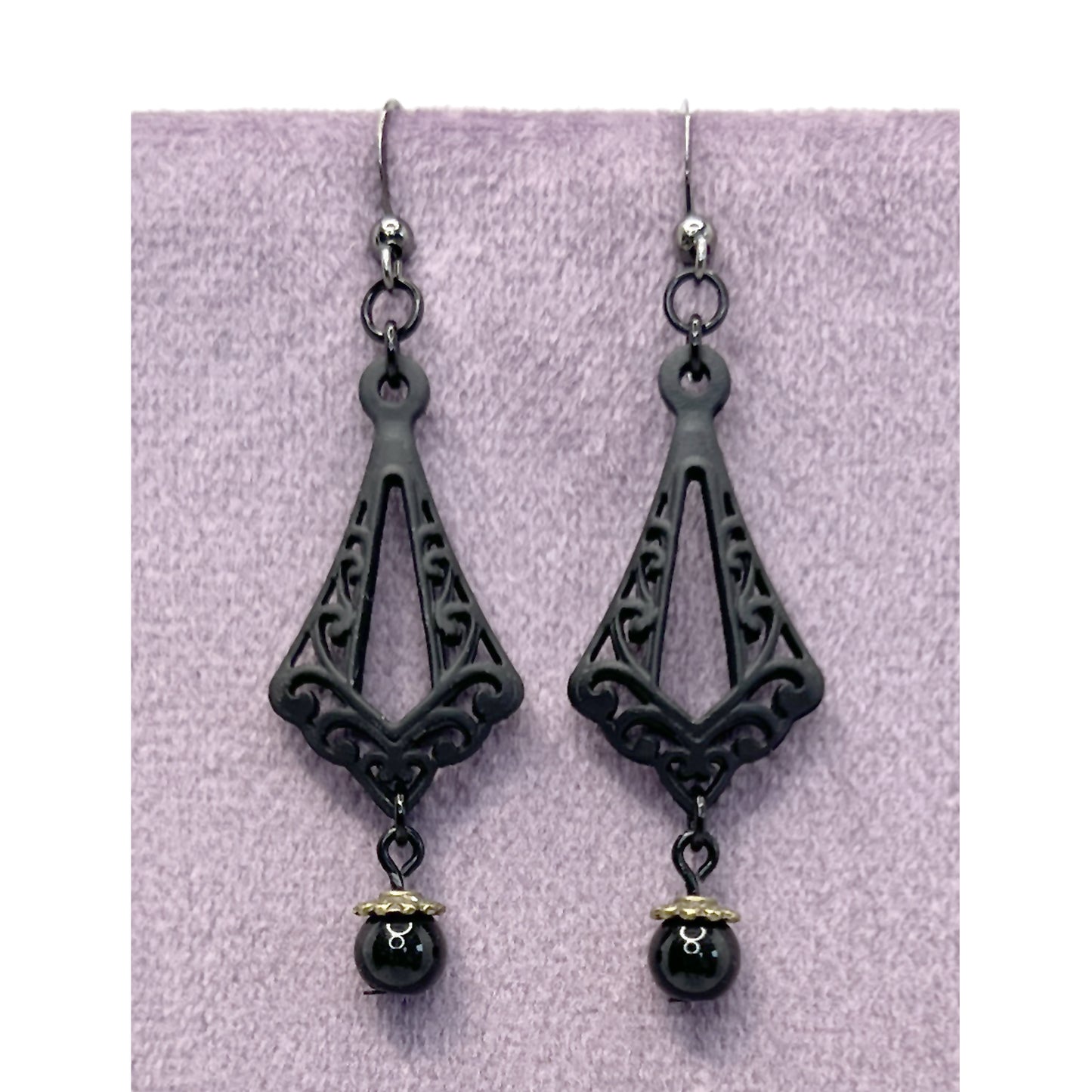 Old School Goth Matte Black Ornament and Black Glass Bead Earrings
