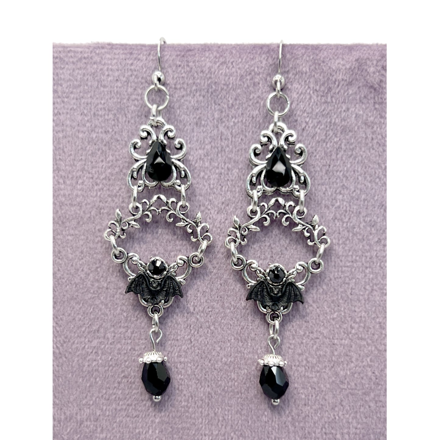 Old School Goth Silver and Black Tiny Bats Chandelier Earrings