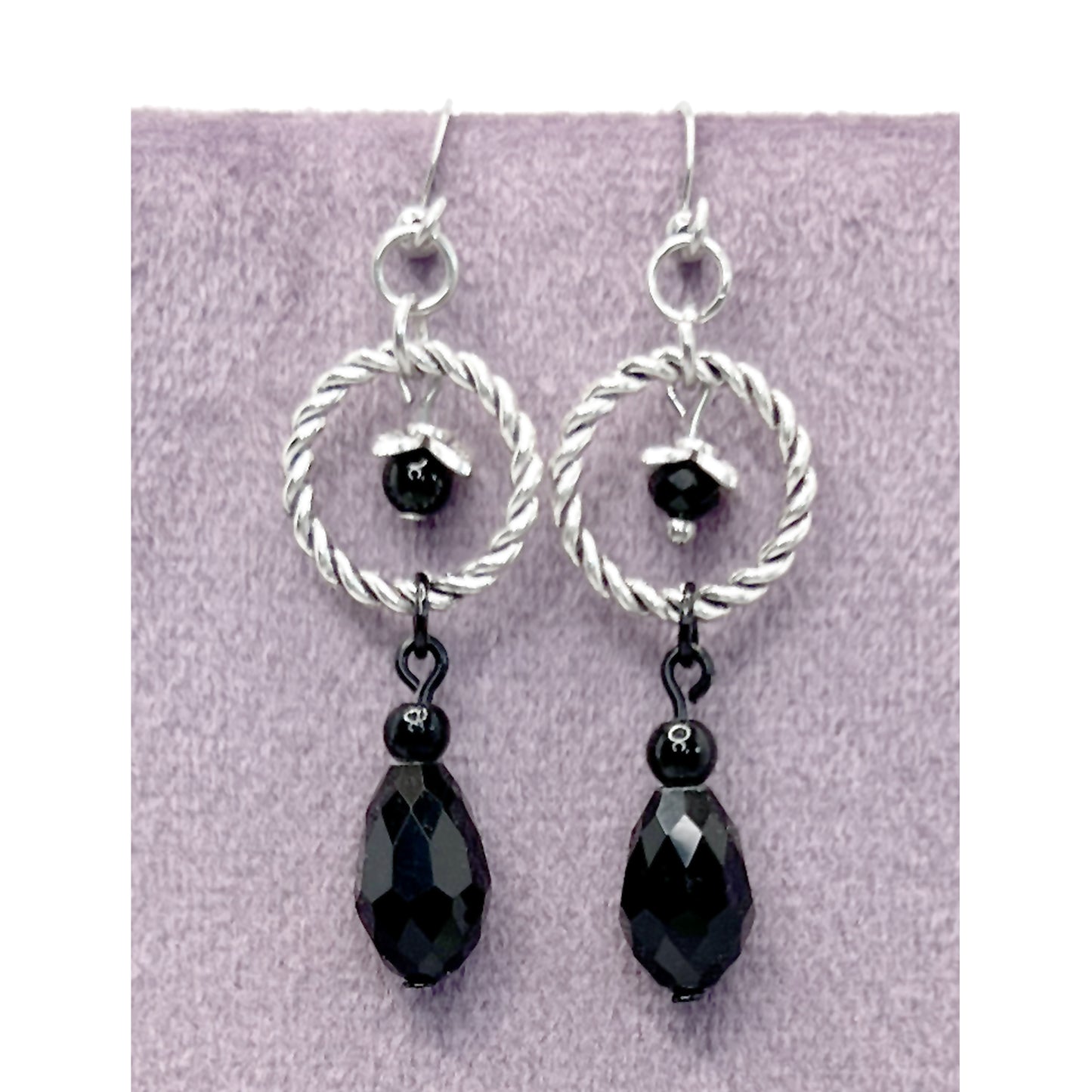 Old School Goth Silver and Black Glass Bead Earrings