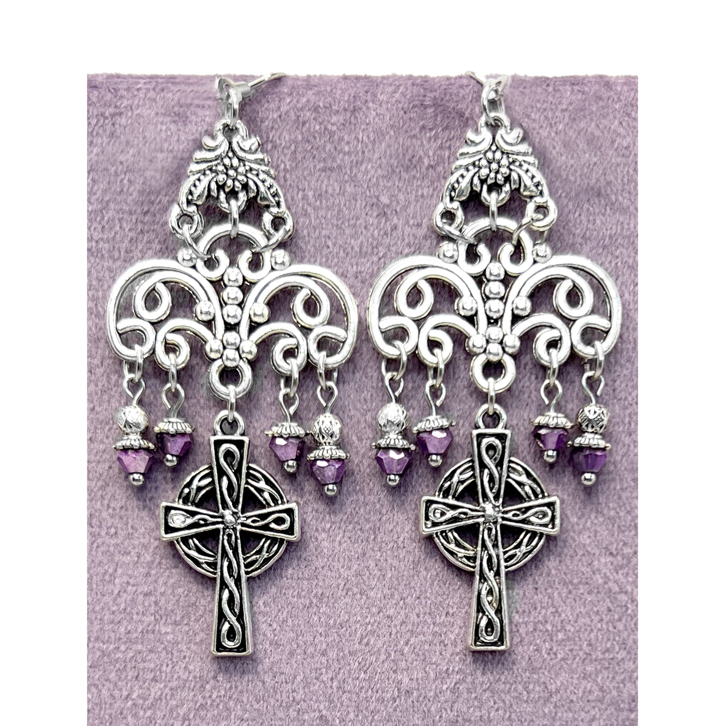 Old School Goth Chandelier Celtic Cross and Lavender Bead Earrings