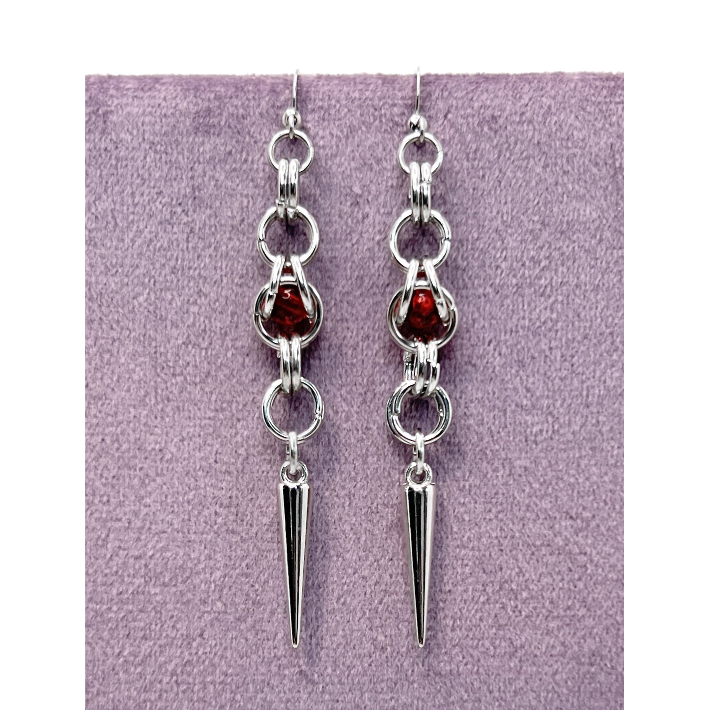Chainmail and Spike with Red Bead Earrings