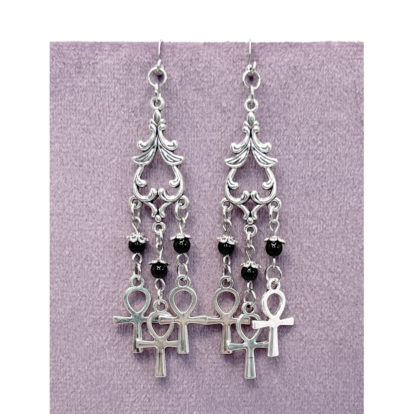 Old School Goth Chandelier Ankh and Bead Earrings