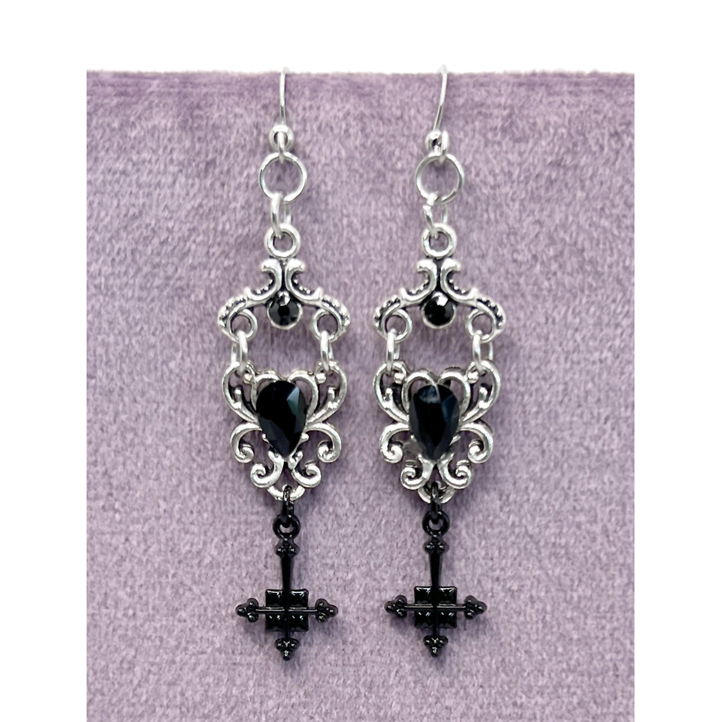 Old School Goth Silver and Black Inverted Cross Earrings