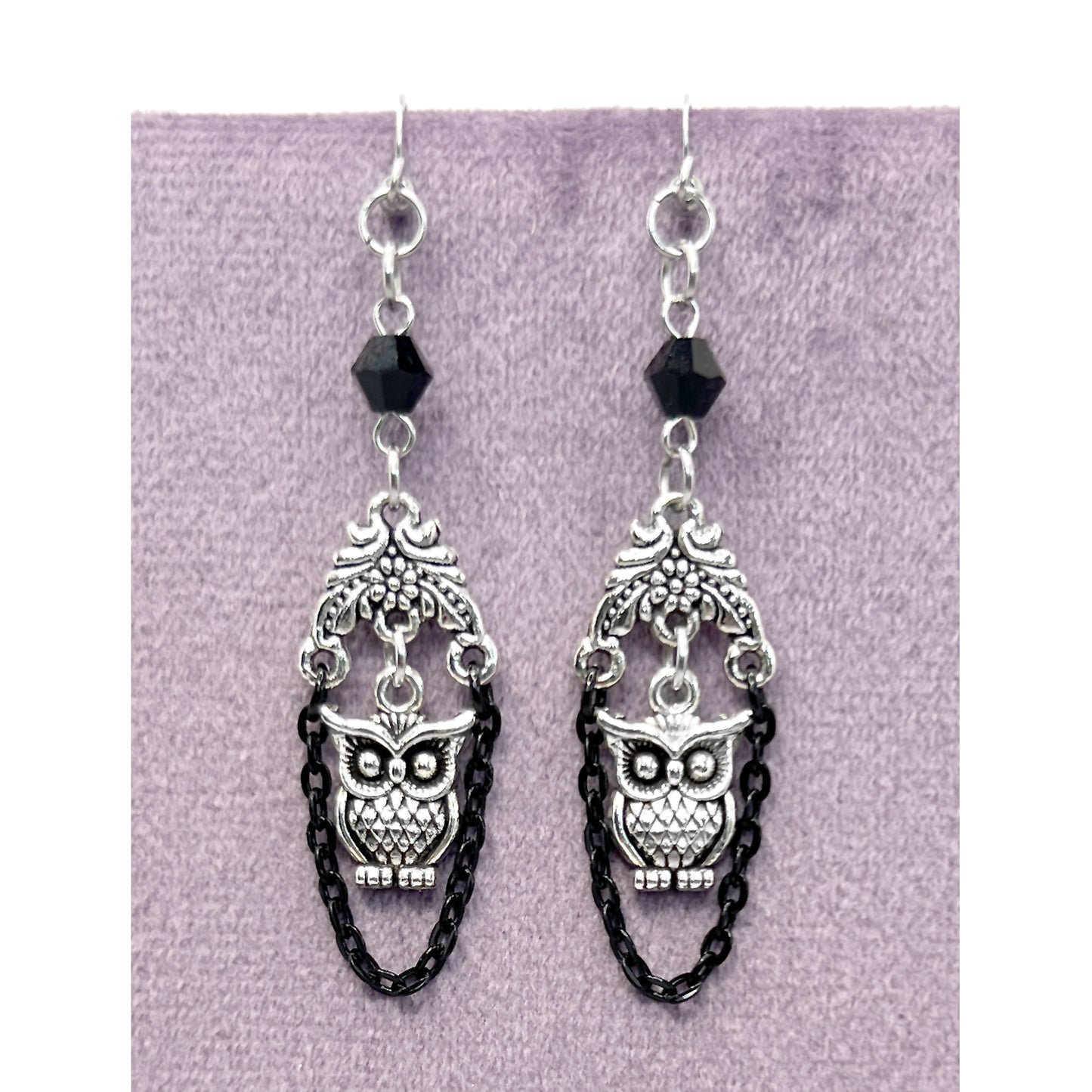 Old School Goth Black and Silver Owl Earrings