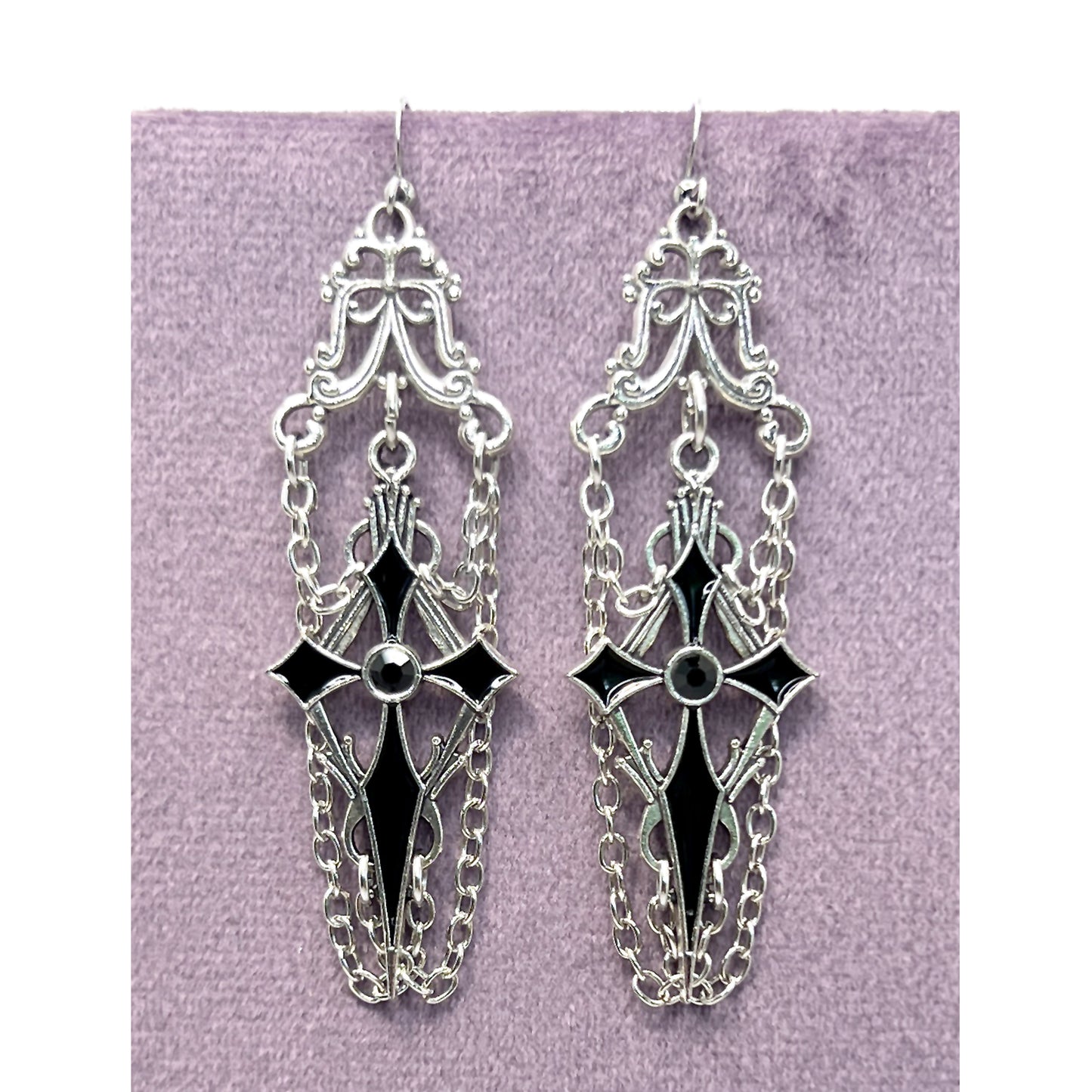Old School Goth Black and Silver Pointed Cross and Chain Earrings