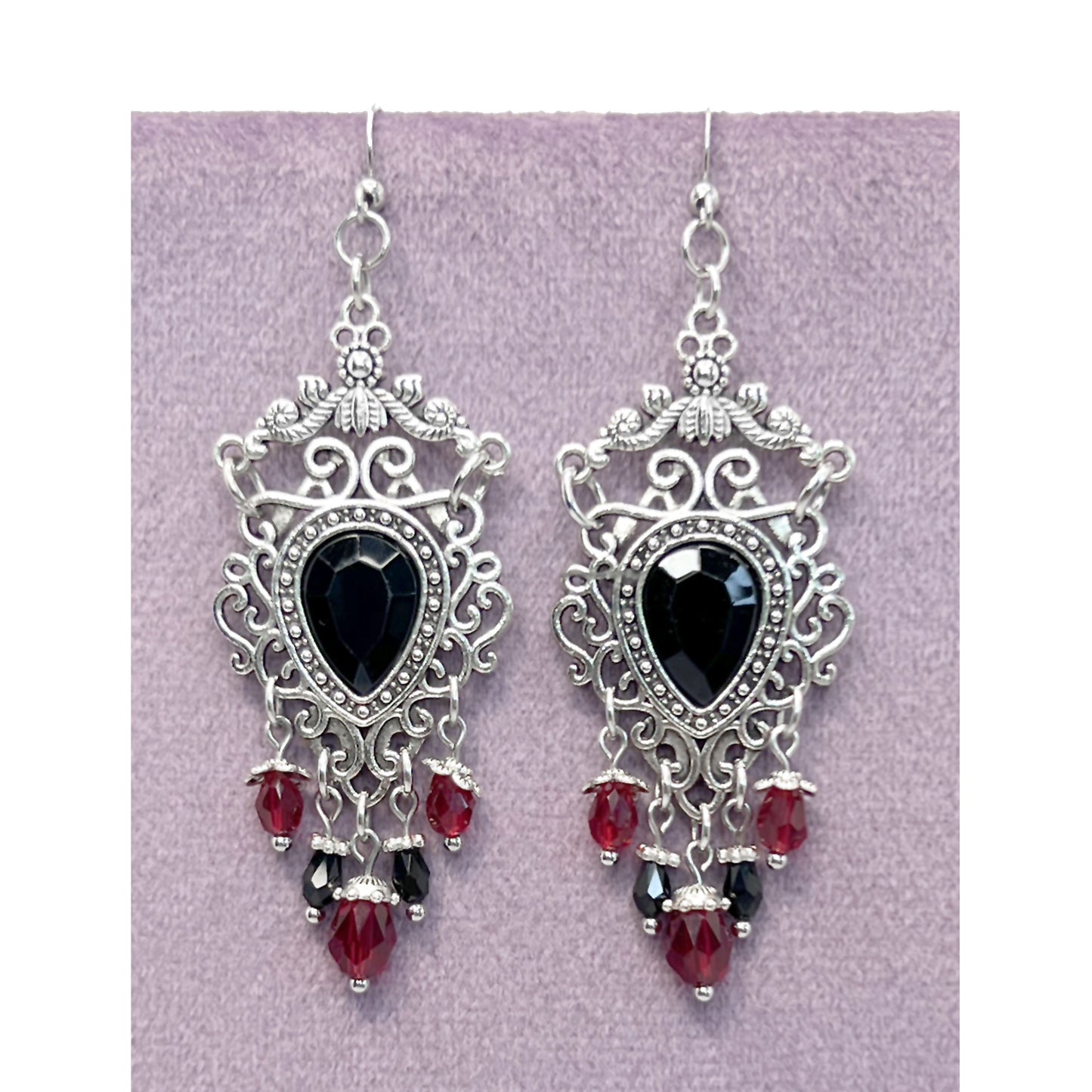 Old School Goth Chandelier Black and Red Beads Earrings