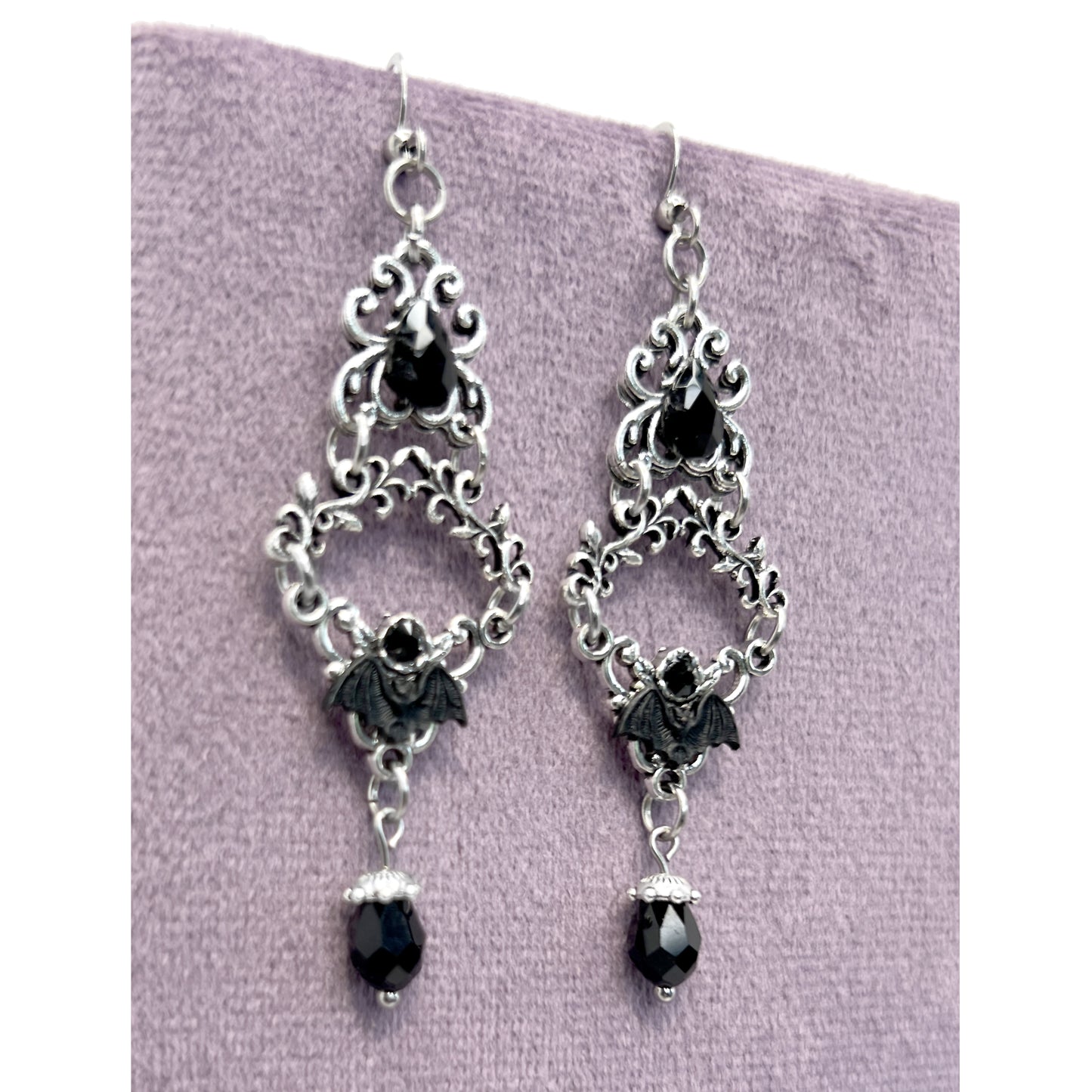 Old School Goth Silver and Black Tiny Bats Chandelier Earrings