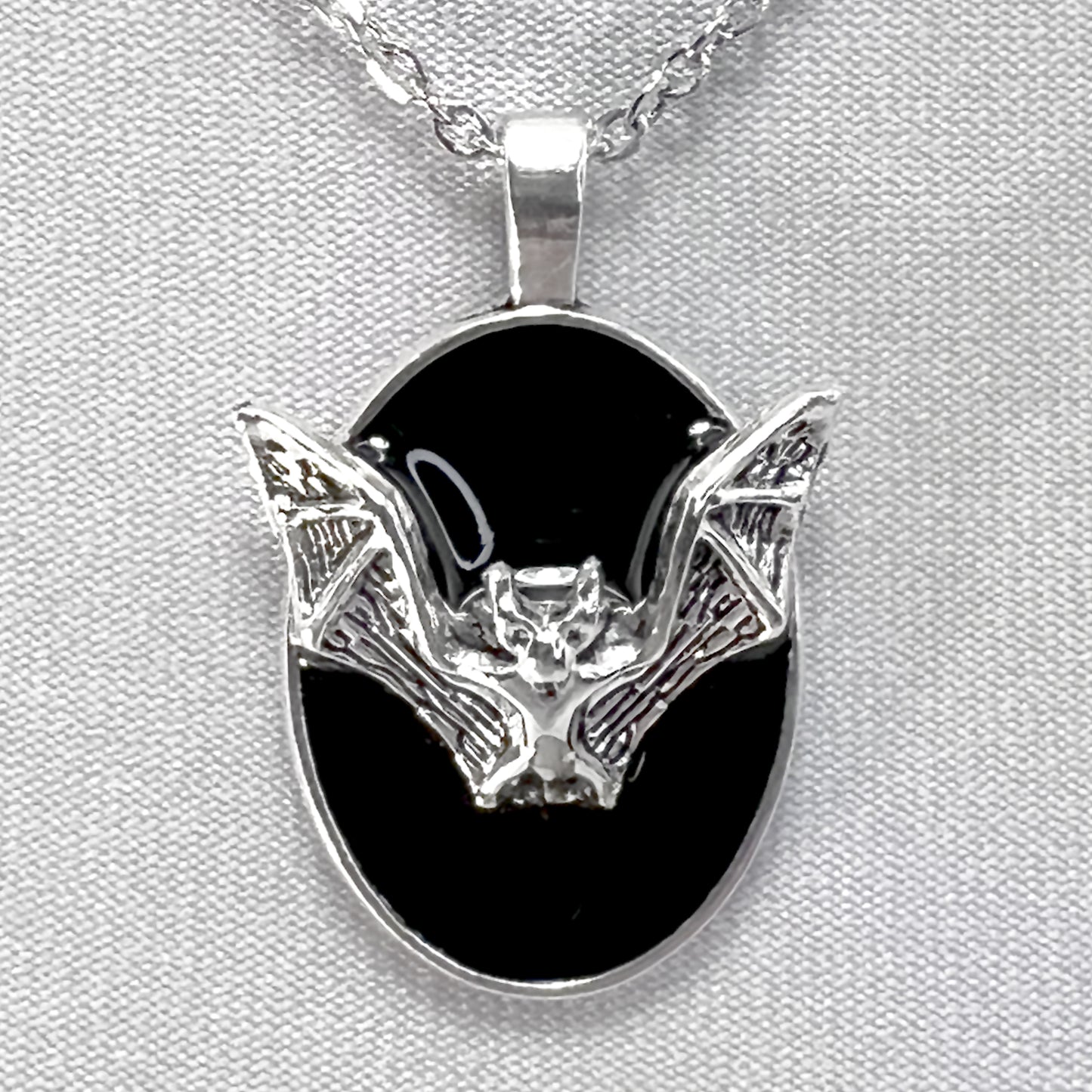 Flying Silver Bat on Black Necklace