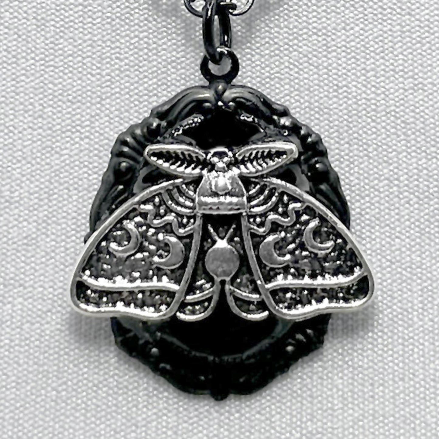 Tiny Luna Moth on Black Victorian Necklace