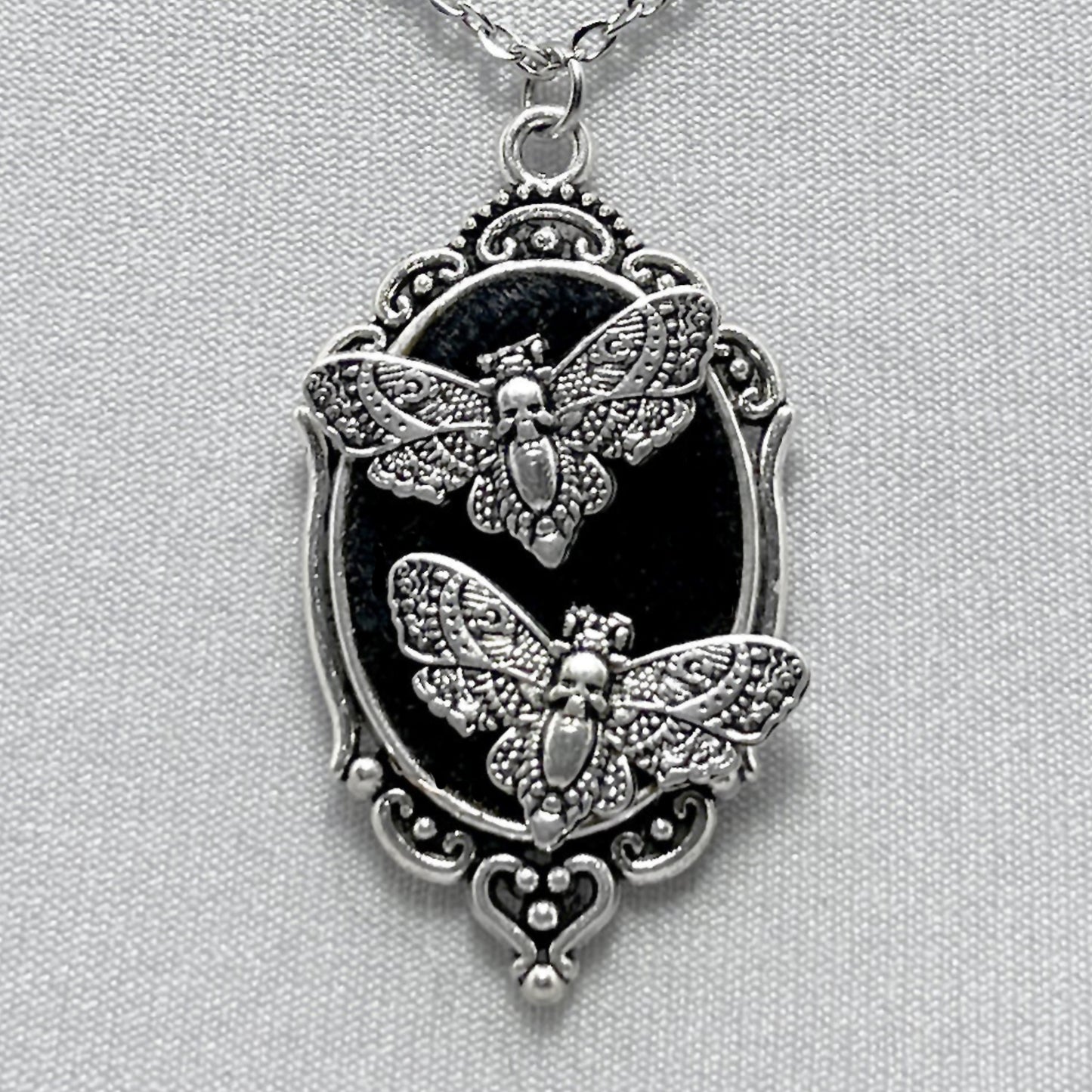 Tiny Death Head Moths on Black Velvet Necklace
