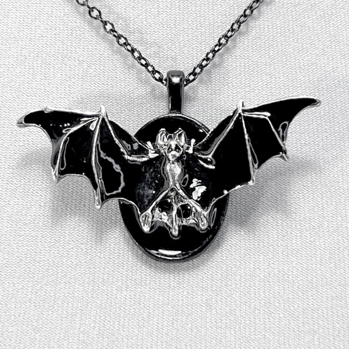 Black and Silver Bat on Black Victorian Necklace