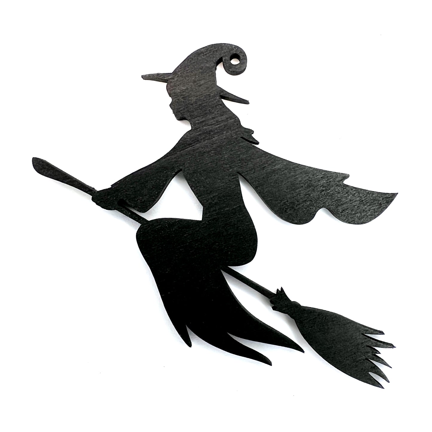 Witch on Broom Christmas / Holiday Tree Ornament - Black Stained Wood