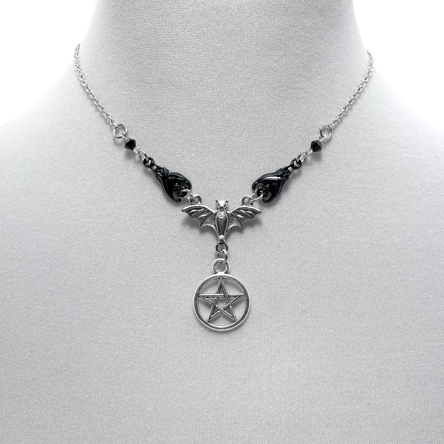 Silver and Black Three Bat Necklace with a Gothic Pentacle