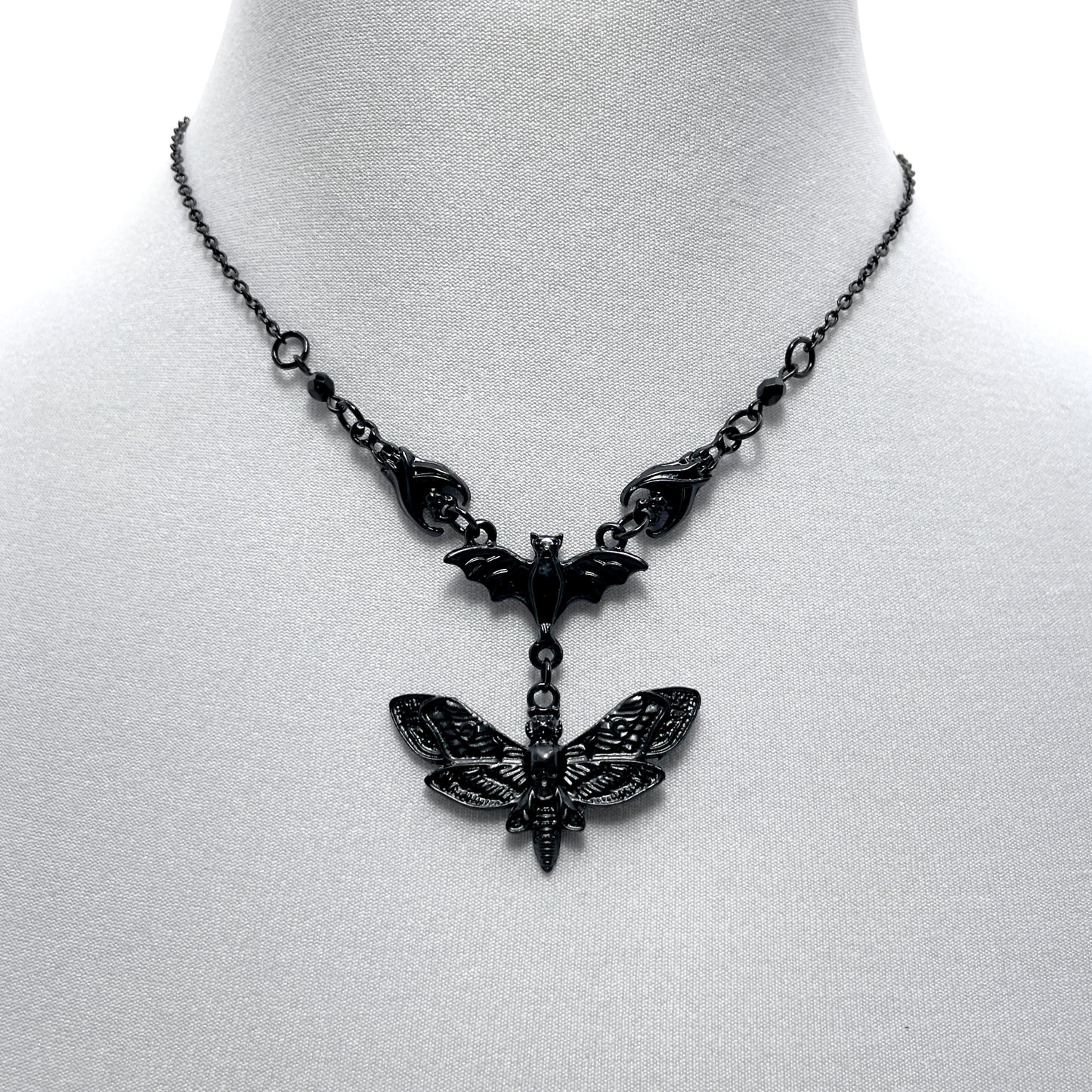 Black Three Bat Necklace with a Death Head Moth