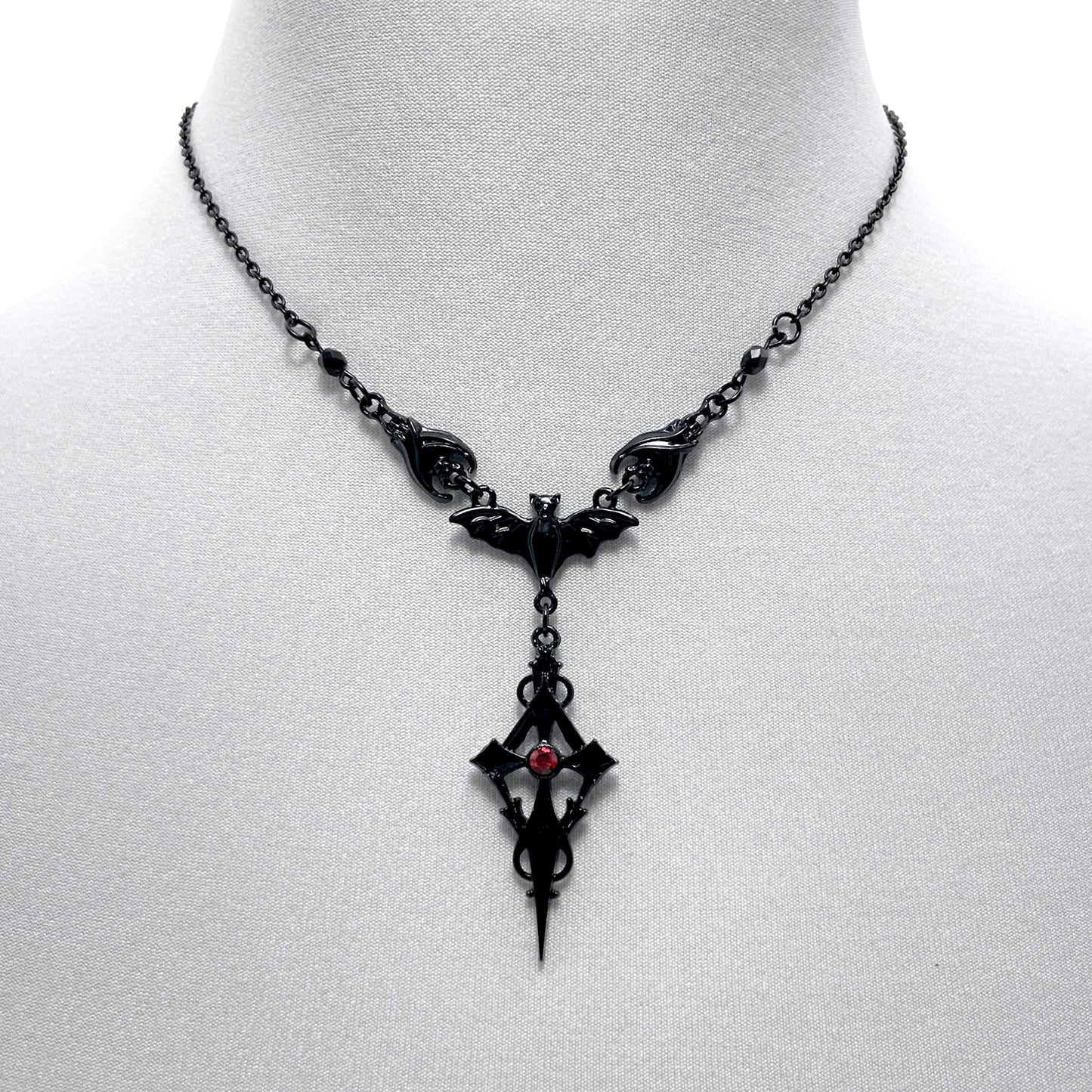 Black Three Bat Necklace with a Victorian Gothic Cross