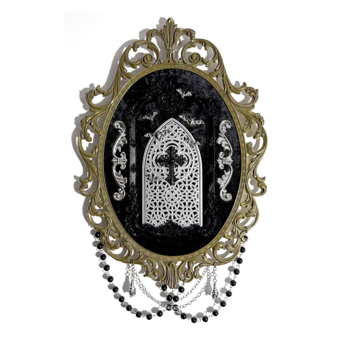 Large Antique Framed Cathedral Window with Bats Gothic Wall Deco