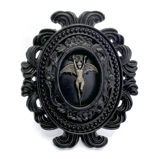 Small Black Resin Oval Frame with Bat Woman Cameo Gothic Home Deco