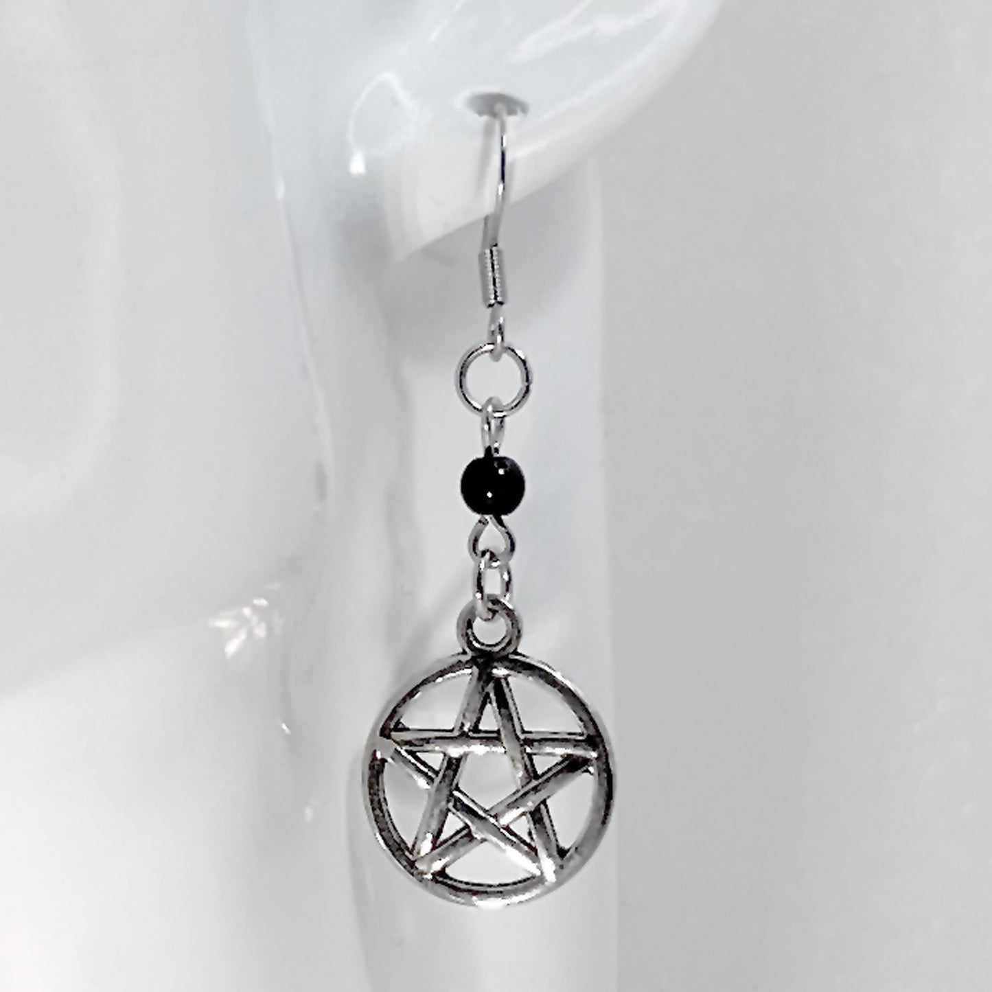 Silver Pentacle and Black Bead Earrings