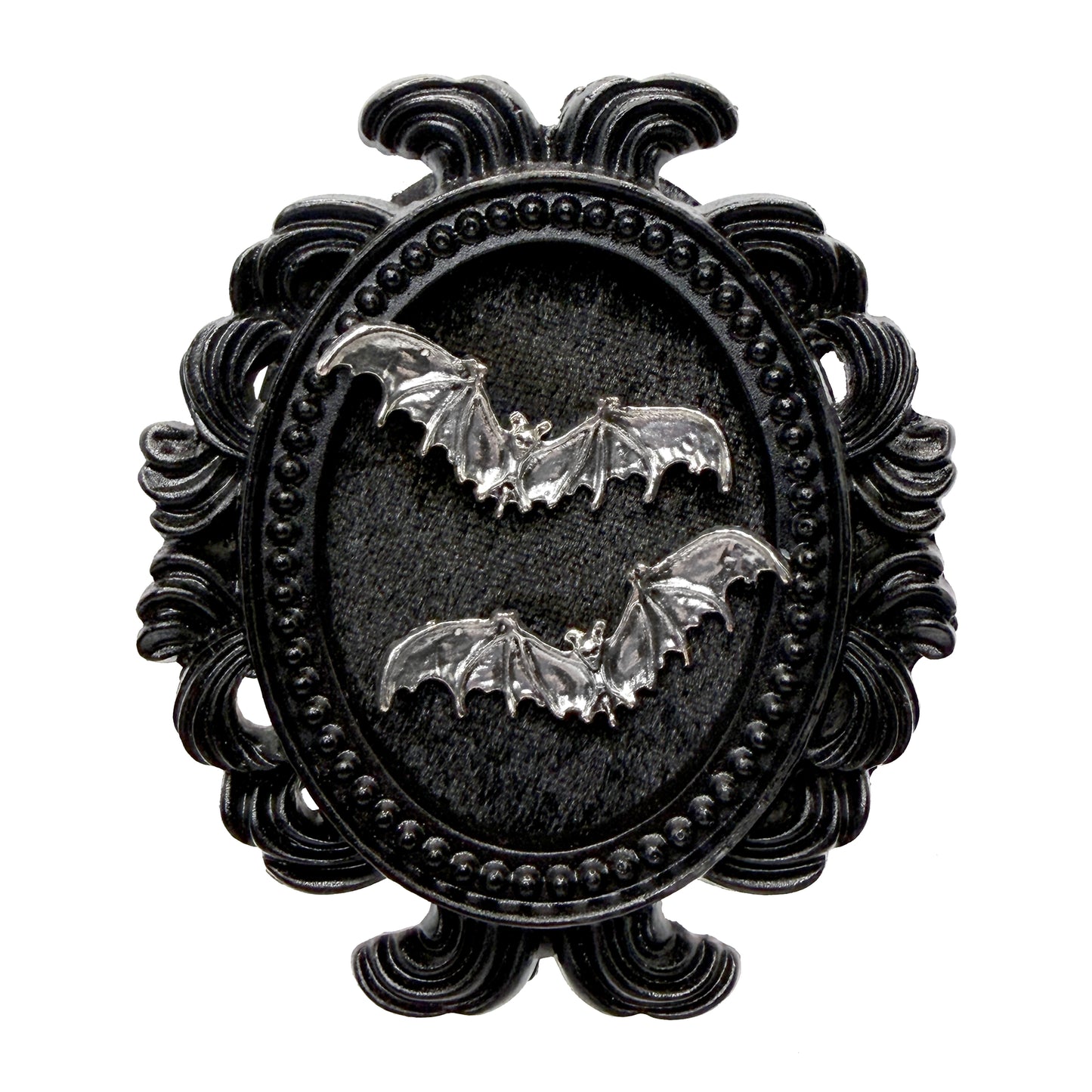 Small Black Resin Oval Frame with Flying Bats on Black Velvet Gothic Home Deco