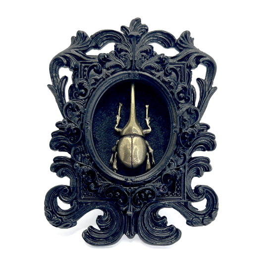 Small Black Resin Square Frame with Brass Beetle on Black Velvet Gothic Home Deco