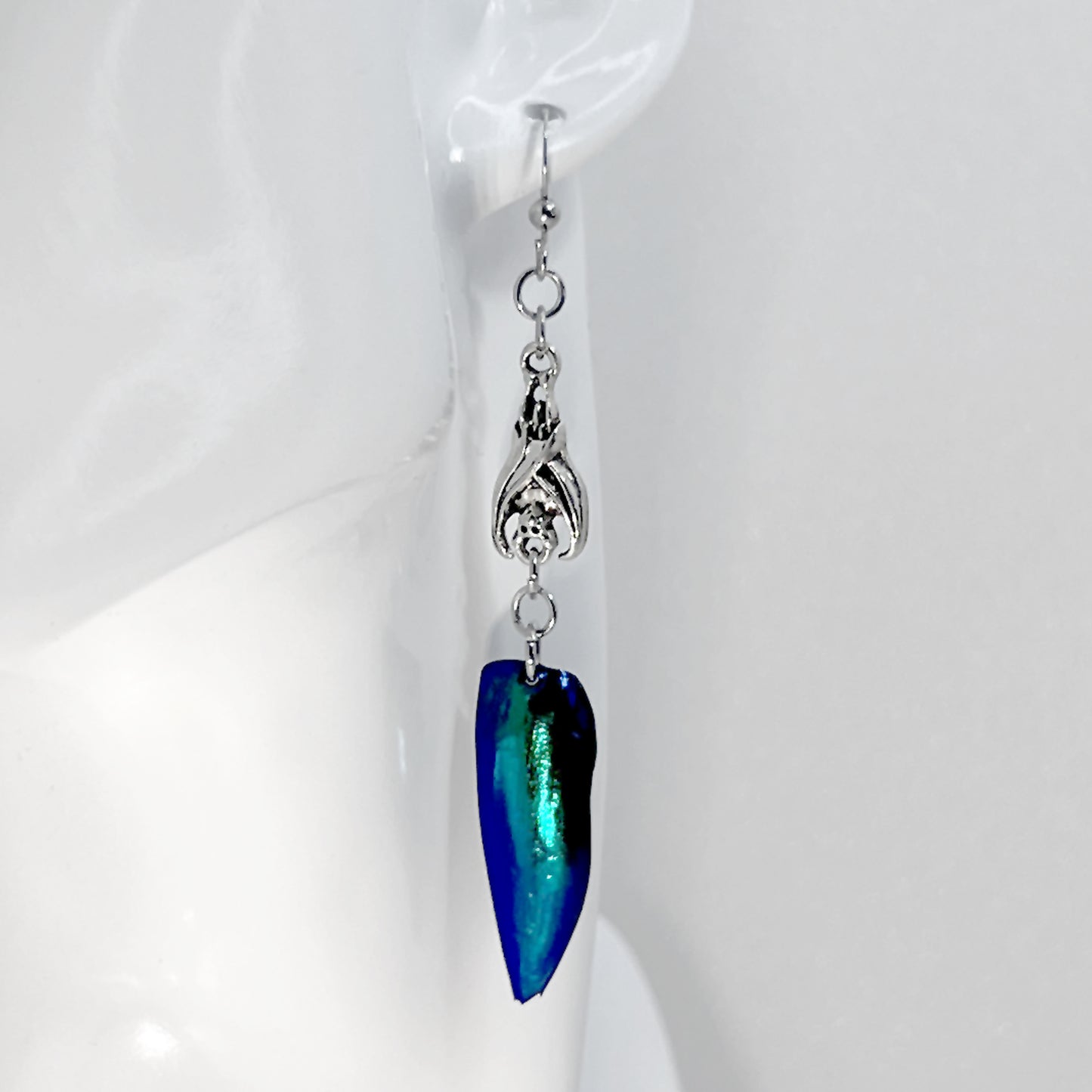 Silver Hanging Bat and Jewel Beetle Shell Earrings