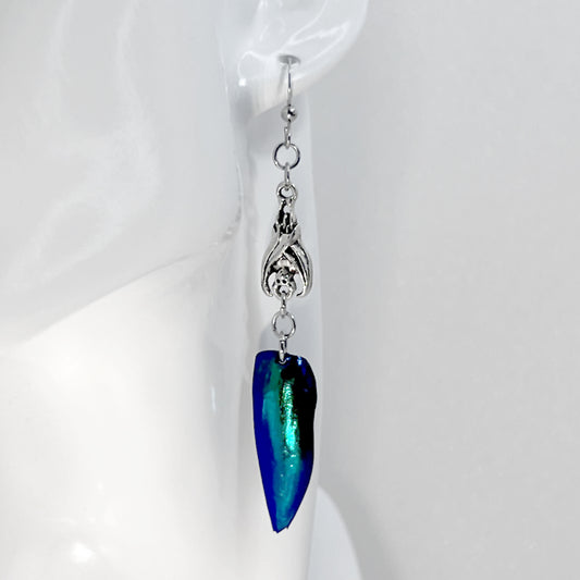 Silver Hanging Bat and Jewel Beetle Shell Earrings