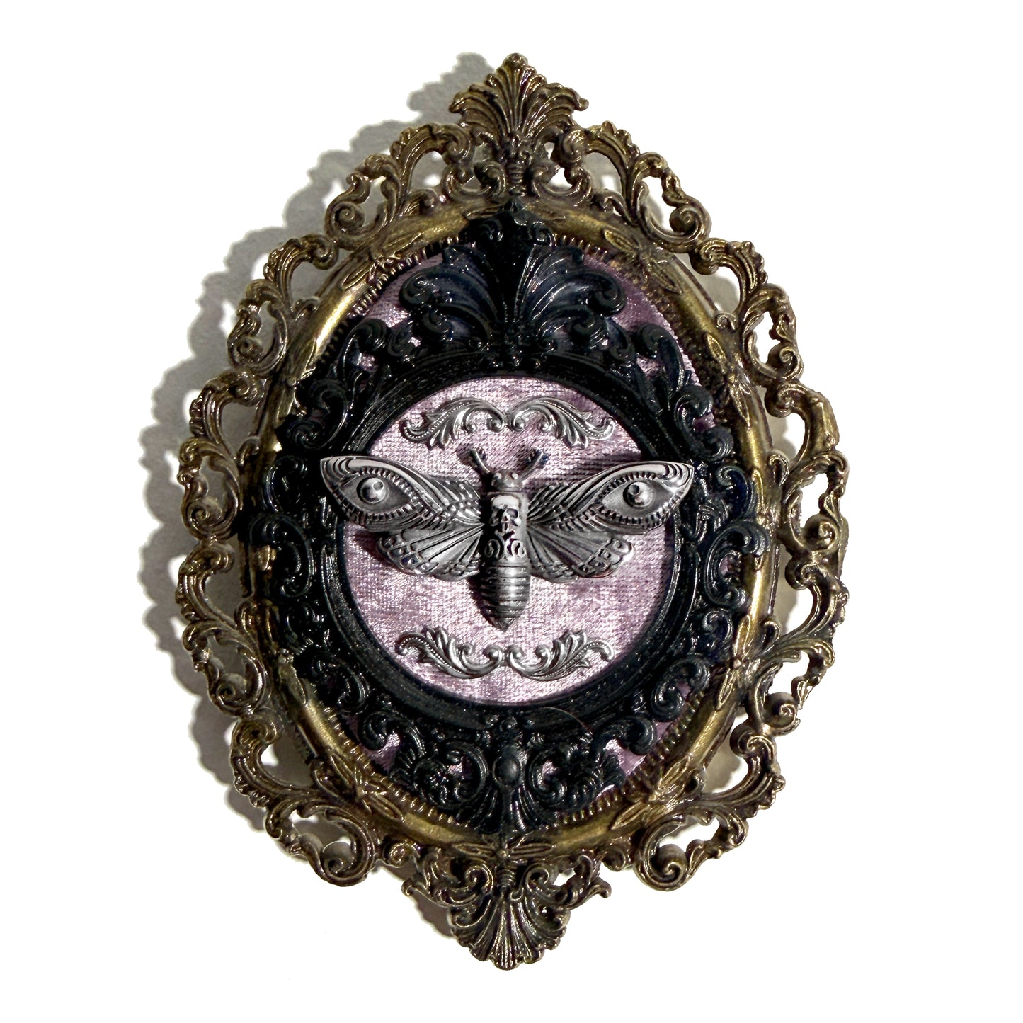 Silver Moth on Lavender Velvet Antique Framed Home Deco