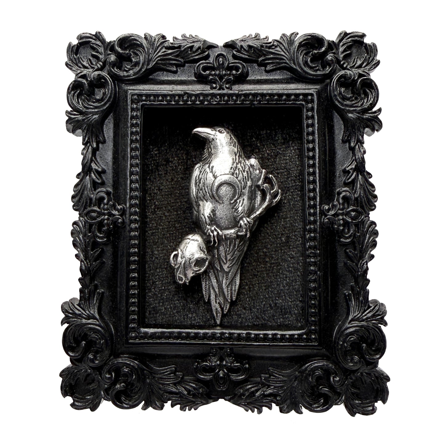Small Black Resin Frame with Silver Crow on Black Velvet Gothic Home Deco