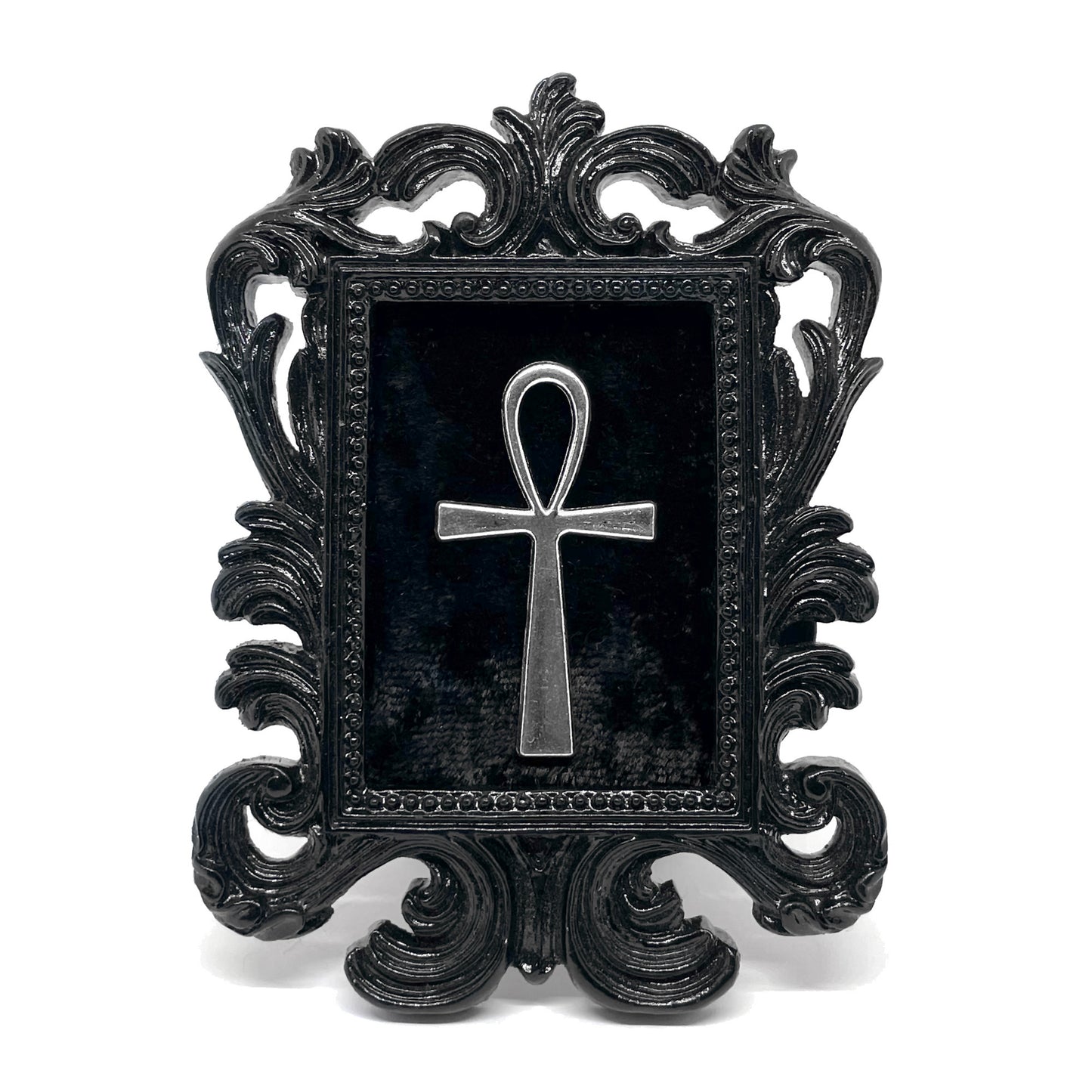 Small Black Resin Square Frame with Silver Ankh on Black Velvet Gothic Home Deco