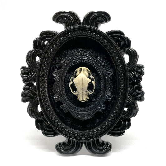 Small Black Resin Oval Frame with Small Resin Cat Skull on Black Velvet Gothic Home Deco