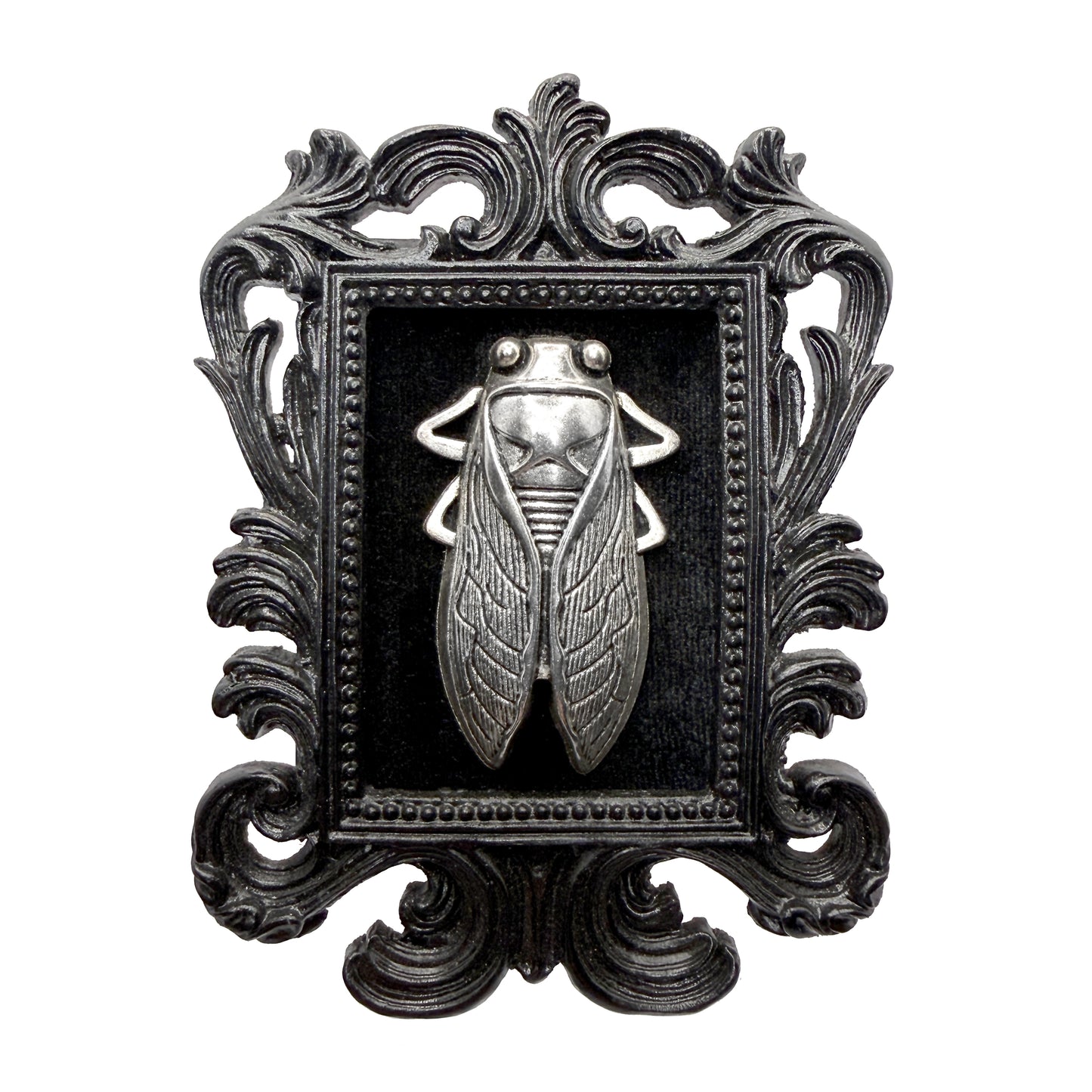 Small Black Resin Square Frame with Silver Beetle on Black Velvet Gothic Home Deco