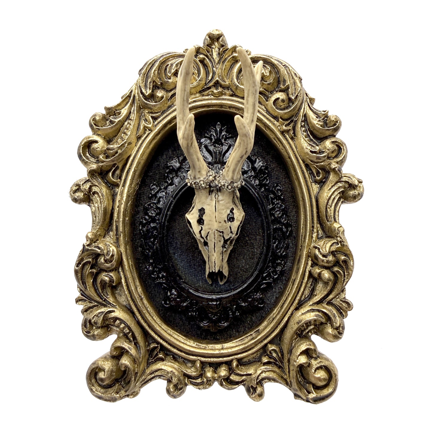 Small Aged Gold Frame with Antiqued Resin Deer Skull on Black Velvet Gothic Home Deco