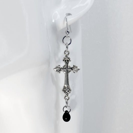 Silver Gothic Cross and Czech Glass Teardrop Bead Earrings