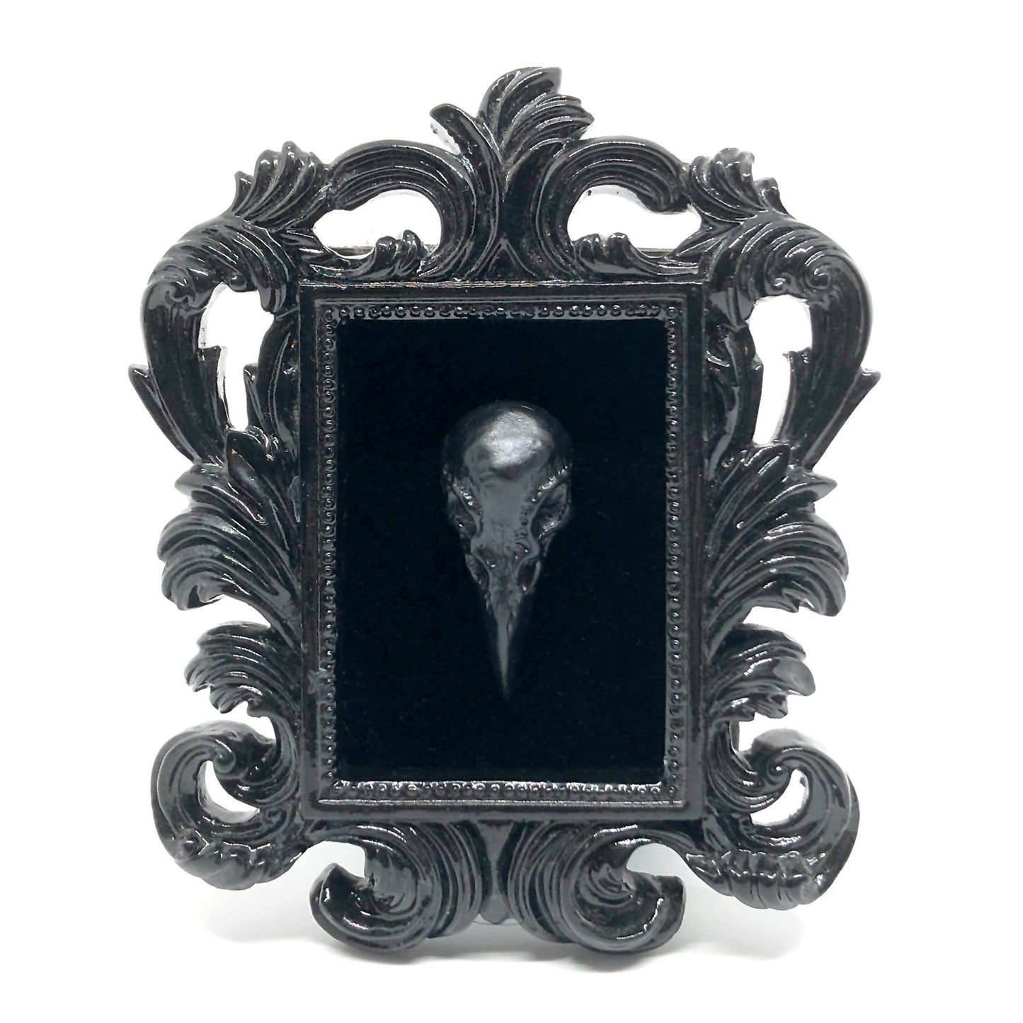 Small Black Resin Square Frame with Black Resin Bird Skull on Black Velvet Gothic Home Deco