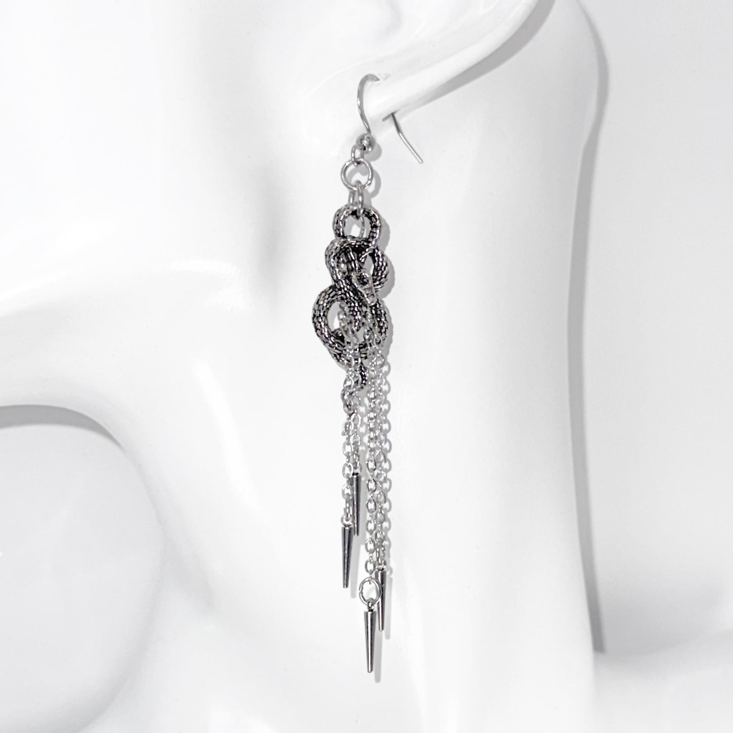 Silver Coiled Snake and Chain Earrings