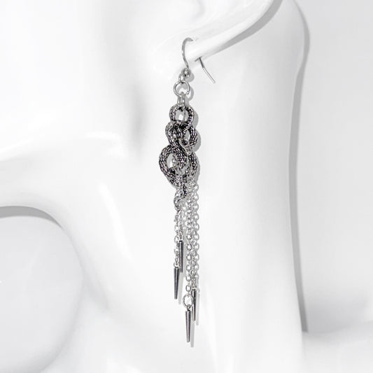 Silver Coiled Snake and Chain Earrings