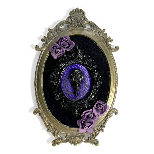 Black Resin Bird Skull on Black & Purple Antique Framed Home Deco