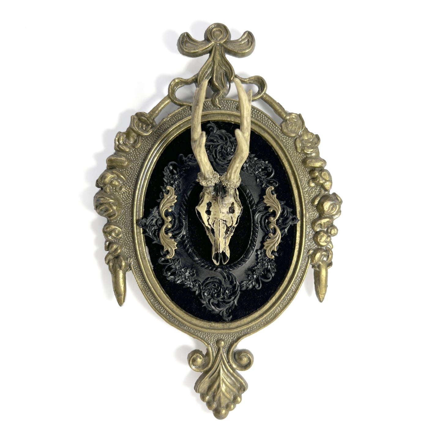 Resin Deer Skull on Black Velvet Antique Framed Home Deco