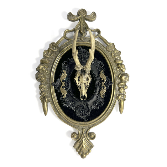 Resin Deer Skull on Black Velvet Antique Framed Home Deco