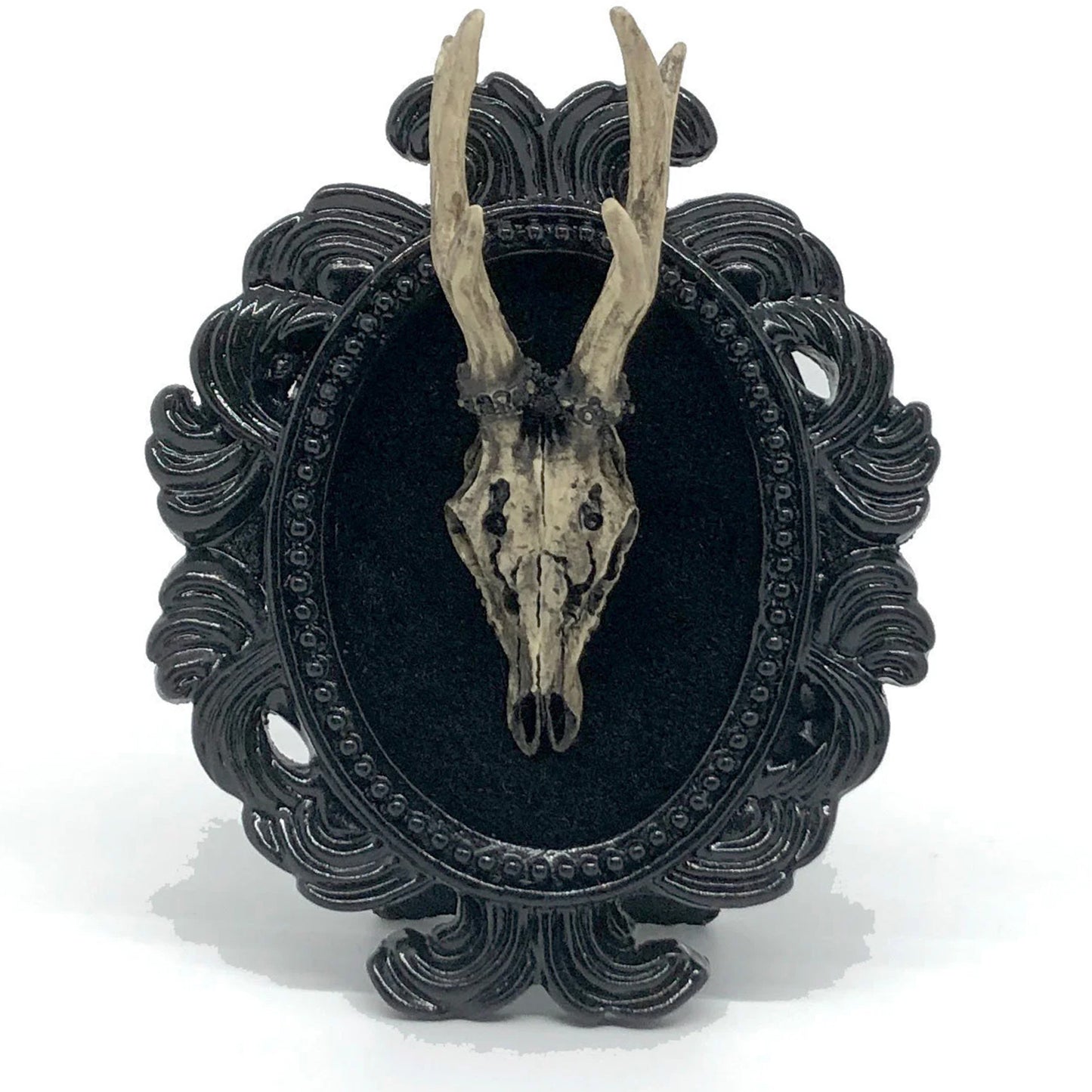 Small Black Resin Oval Frame with Resin Deer Skull on Black Velvet Gothic Home Deco
