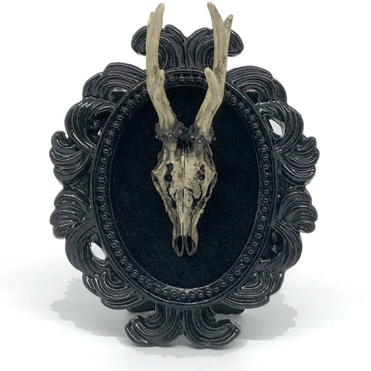 Small Black Resin Oval Frame with Resin Deer Skull on Black Velvet Gothic Home Deco