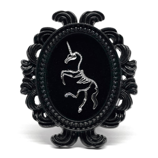 Small Black Resin Oval Frame with Silver Unicorn Skeleton on Black Velvet Gothic Home Deco