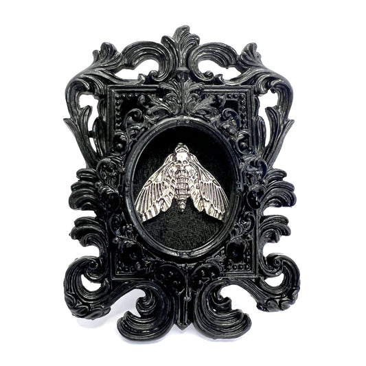 Small Black Resin Square Frame with Silver Moth on Black Velvet Gothic Home Deco