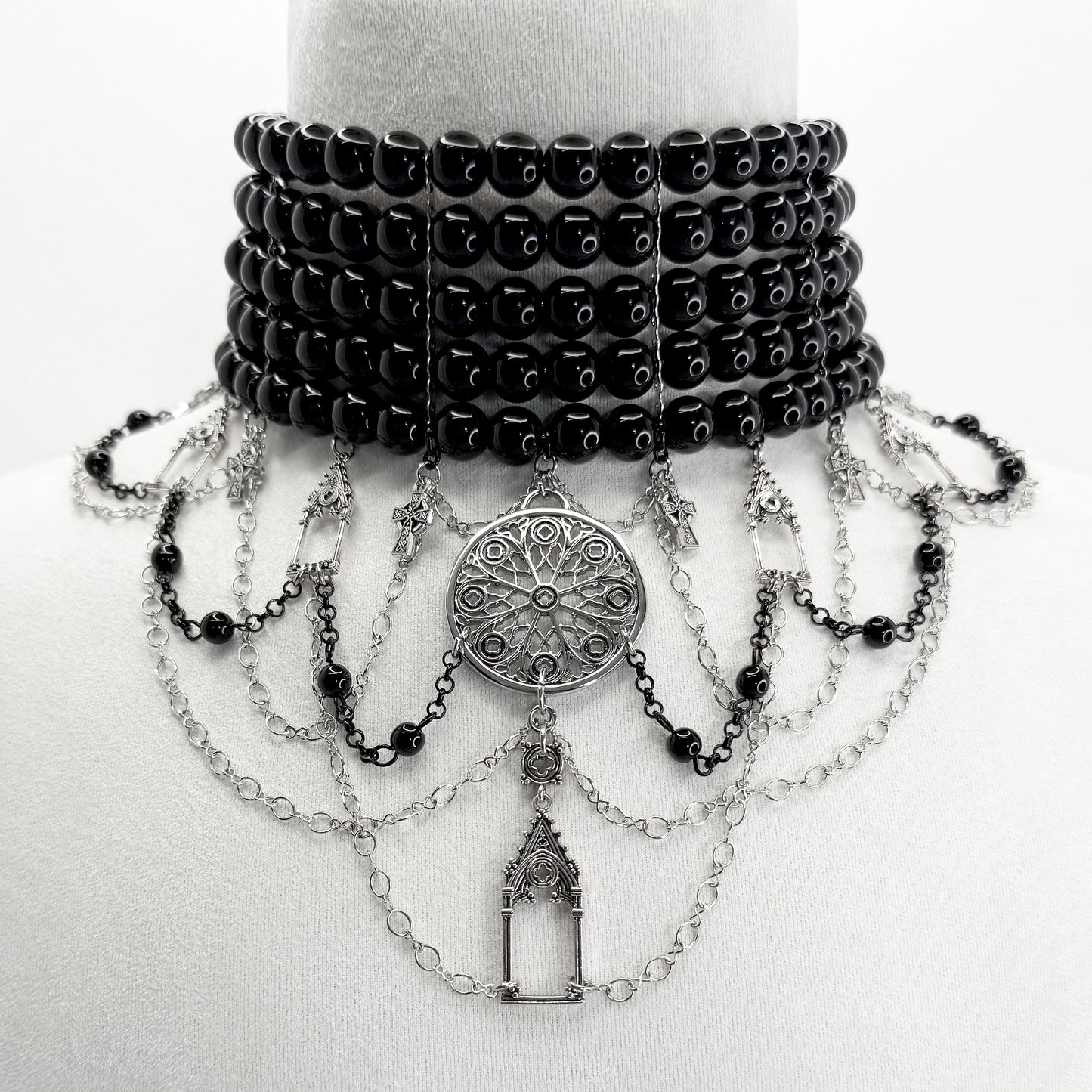5 Row Black Glass Bead Gothic Choker Cathedral-Themed Necklace