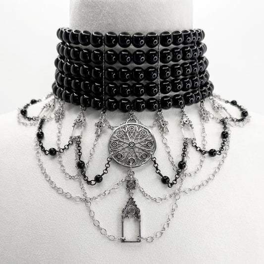 5 Row Black Glass Bead Gothic Choker Cathedral-Themed Necklace