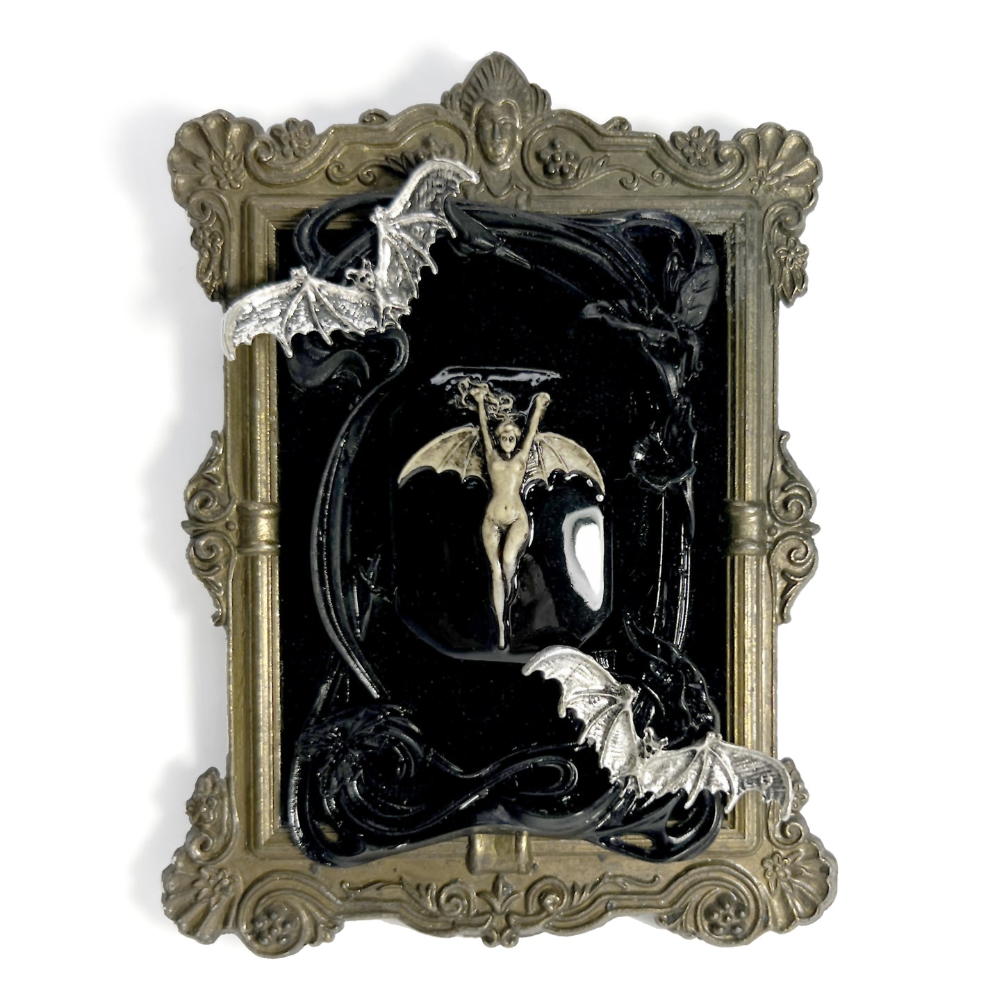 Black Bat Woman with Bats Antique Framed Home Deco