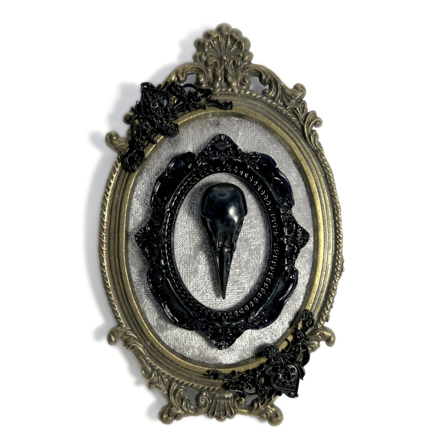 Black Resin Bird Skull on Grey Velvet Antique Framed Home Deco