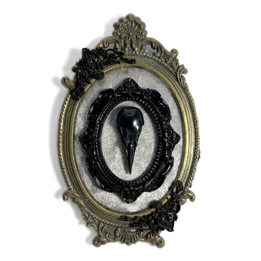 Black Resin Bird Skull on Grey Velvet Antique Framed Home Deco