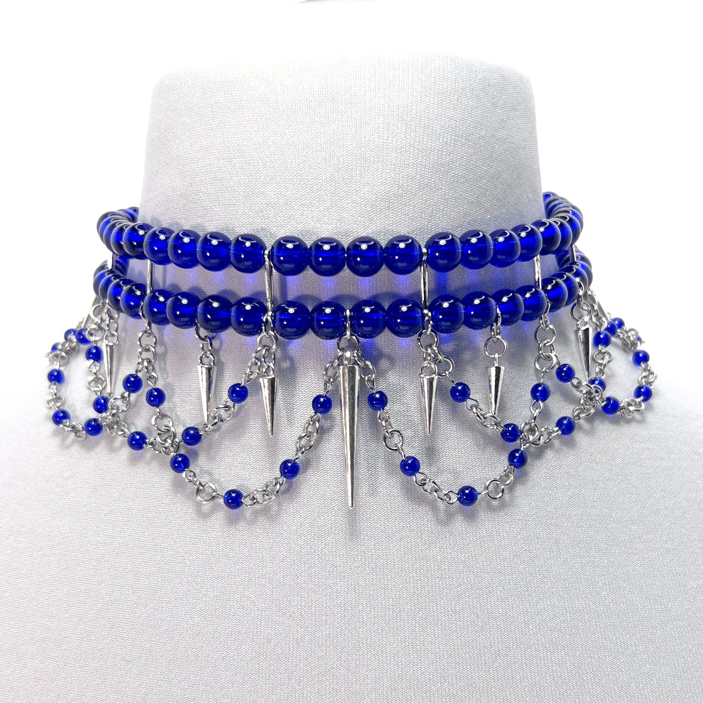 Dark Blue Beaded Gothic Choker Necklace with Spikes