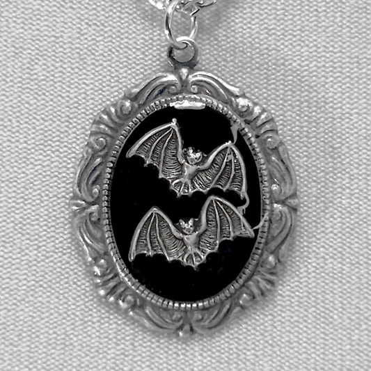 Tiny Silver Bats on Black Victorian Silver Necklace